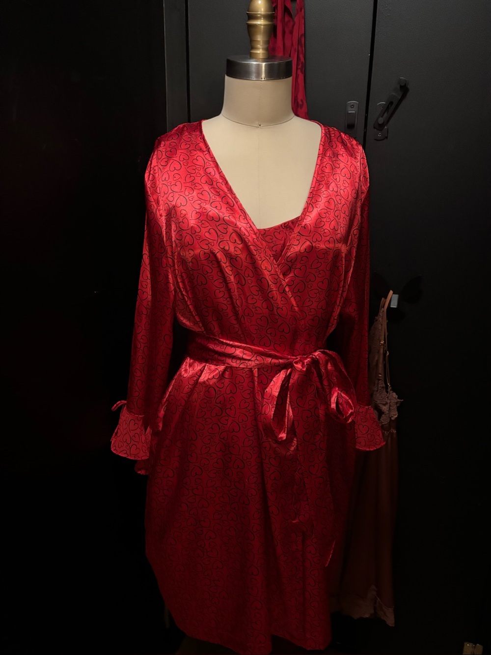 Red Satin Wrap Robe with Heart Motif - Women Intimates